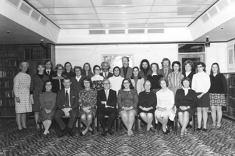 Alexander Turnbull Library staff circa 1973. Sheila is front row, fourth from right.